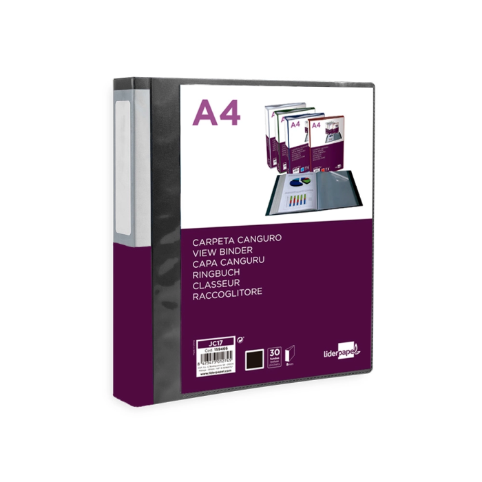 Liderpapel Carpeta 30 Fundas Canguro PP DIN A4 Negro Opaco Portada y Lomo Personalizable 3