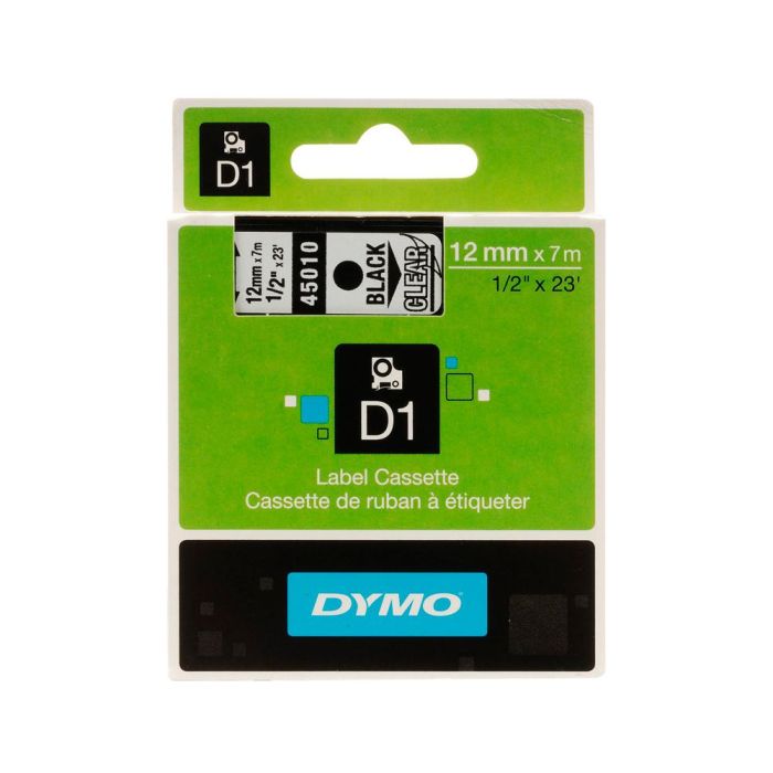 Dymo Cinta De Transferencia Termica D1 45010. Etiquetas Estándar Negro Sobre Transparente De 12 mmx7M. Poliester Autoadhesiva. Rotuladora Labelmanager 1