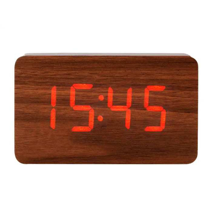 Q-connect Reloj de Sobremesa Digital con Acabado en Madera y Luz Roja 100x40x60mm 1