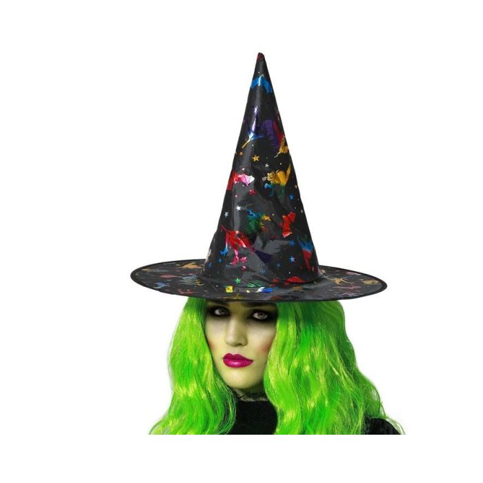 Sombrero De Bruja Multicolor Con Gato Negro Para Mujer Adulto - Accesorio para Halloween y Carnaval