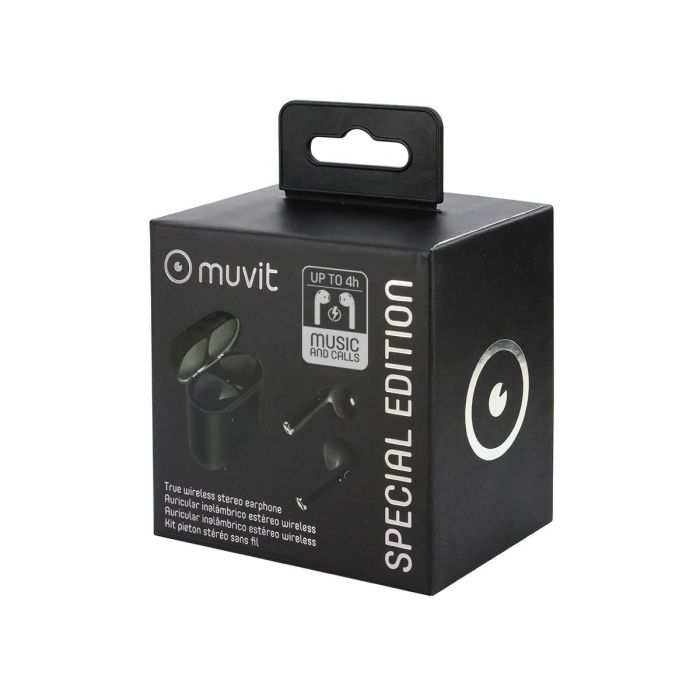 Muvit Auriculares Muhph0122 Inalámbricos Bluetooth 5.0 Estéreo con Micrófono, Funda de Carga y Cable USB, Negro