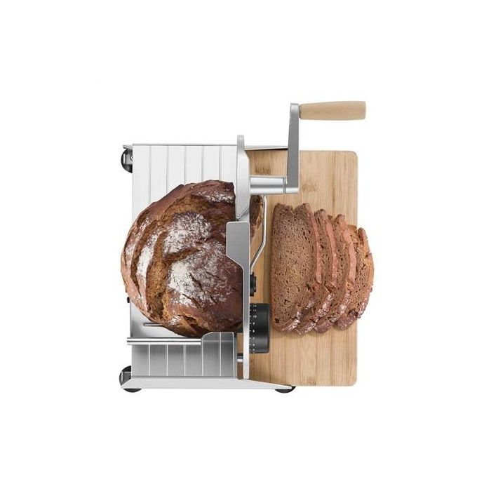 Ritter PIATTO-5 Cortafiambres Manual con Hoja Dentada de 17 cm y Tabla de Bambú FSC, Acabado Plateado Metálico 10