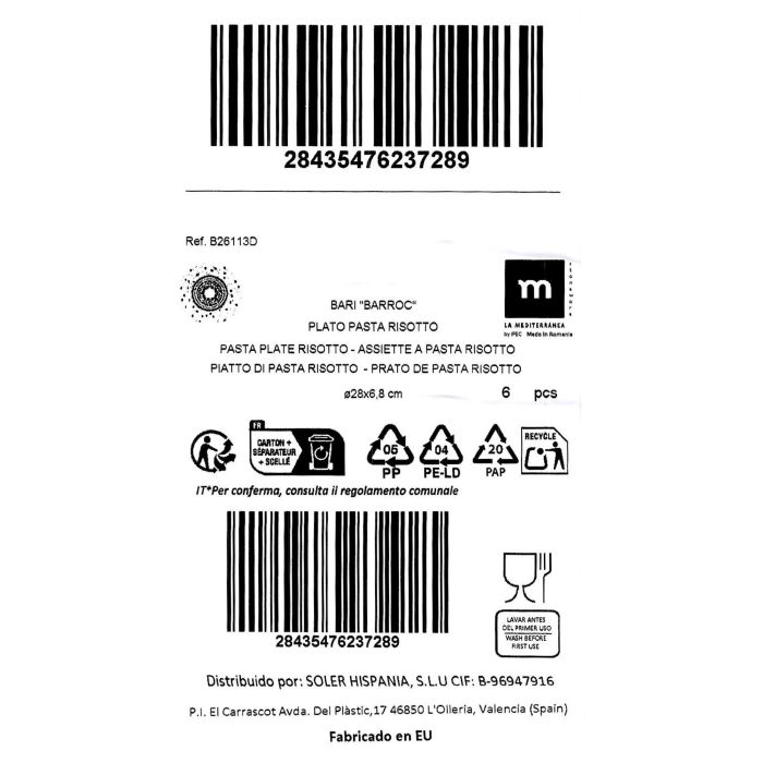 La Mediterranea Plato Pasta Risotto 28 cm Colección Barroc (6 Unidades) 4