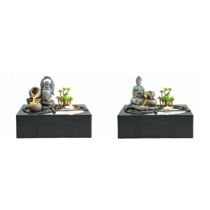 DKD Home Decor Pack de 2 Fuentes de Agua Orientales Buda con Luz LED de Resina Negro Gris 21x23x29 cm