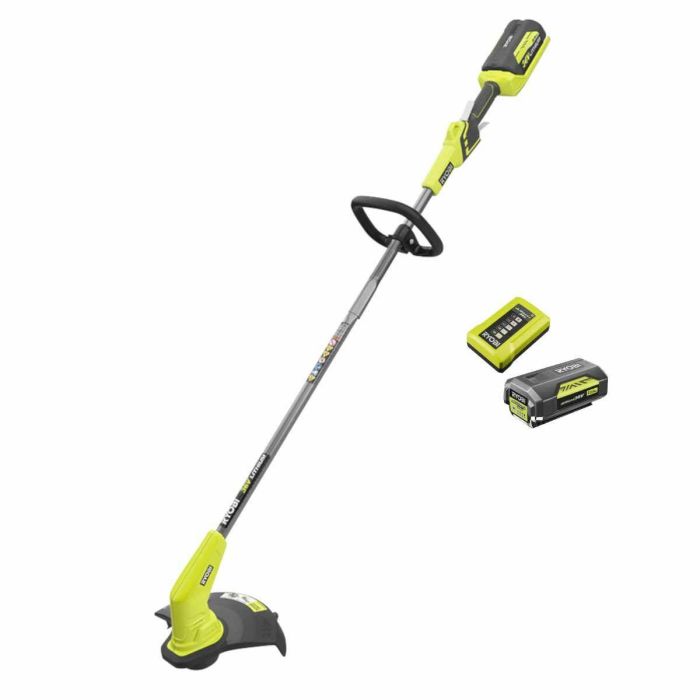 RYOBI Recortadora de hilo inalámbrica 36V, ancho corte ajustable 28-33 cm, batería 2.0 Ah y cargador 1.7A, cabezal automático.