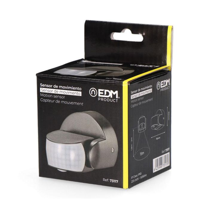 Edm Sensor de movimiento y crepuscular 15 m IP65 Negro con regulador de tiempo y luz, ángulo de detección 180°/360°, 1200W 4