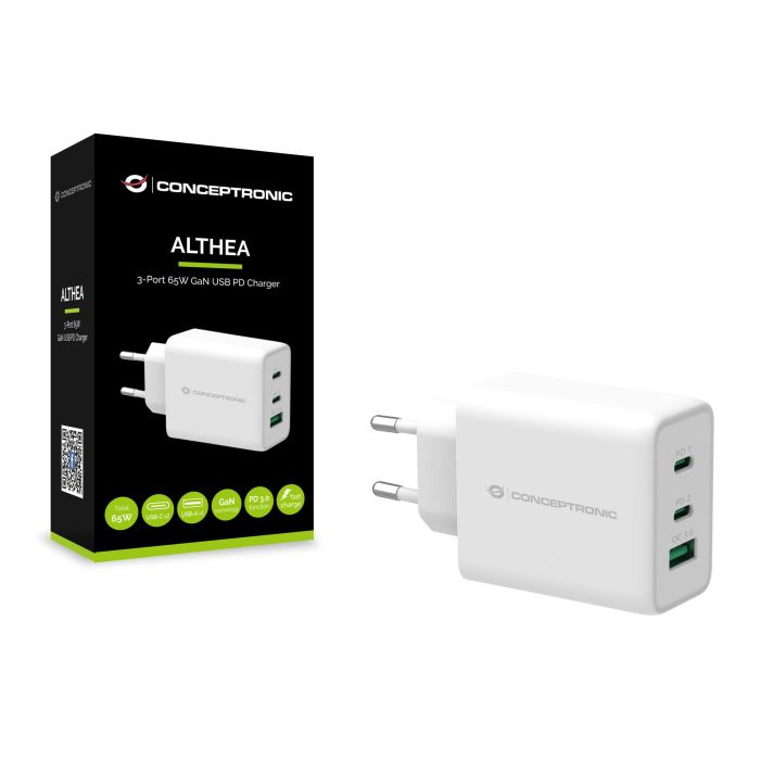 Conceptronic Cargador GaN USB PD 3.0 65W Carga Rápida ALTHEA12W para MacBook, iPhone, Samsung Galaxy 2 Conceptronic Cargador GaN USB PD 3.0 65W Carga Rápida ALTHEA12W para MacBook, iPhone, Samsung Galaxy 2