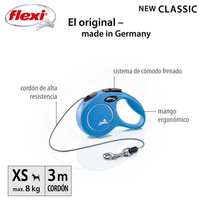 Flexi Correa Retráctil New Classic XS Cordón de 3 Metros Azul para Perros Pequeños, Fabricada en Plástico, Nylon y Metal 2