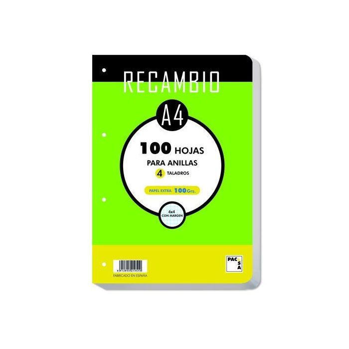 Recambio Pacsa A4 100H 100G 4 Taladros Cuadric.4X4 Cantos Redondeados (Set de 20)