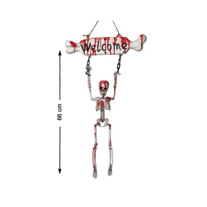 Decoración Colgante de Esqueleto Ensangrentado con Letrero “Welcome” 66 cm - Ideal para Halloween y Fiestas de Terror