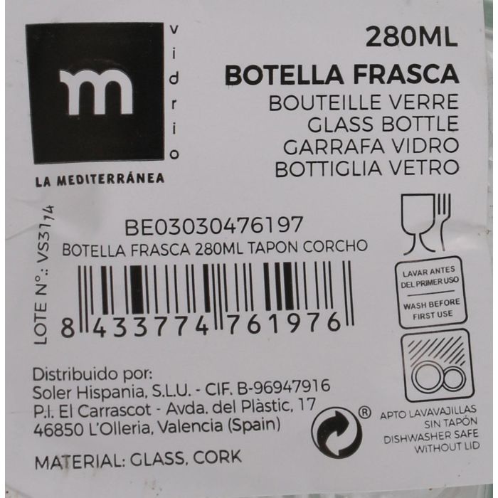 Botella Frasca 280 ml con tapón de corcho - La Mediterranea (36 Unidades) 4 Botella Frasca 280 ml con tapón de corcho - La Mediterranea (36 Unidades) 4