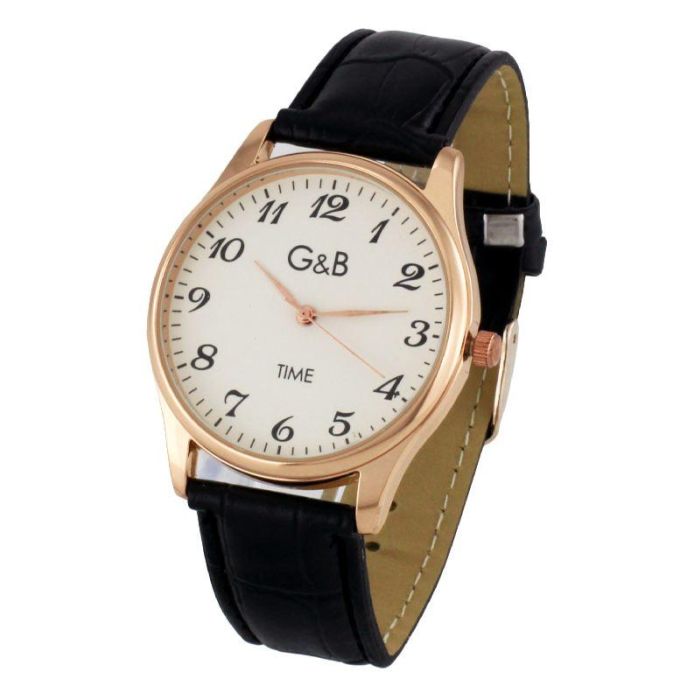 G&B TIME Reloj Hombre Clásico Piel NºS Color Marrón/Negro con Correa Acero Oro Rosa