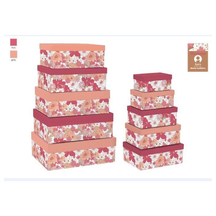 DKD Home Decor Caja Shabby de Cartón con Flores Fucsia, Melocotón y Blanco Set de 10 - 33.5x43.5x15.5 cm