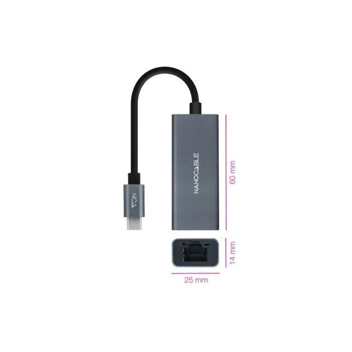 Nano Cable Adaptador Tipo-C a RJ45 10.03.0406 Gigabit 1000Mbps Ethernet Gris 1