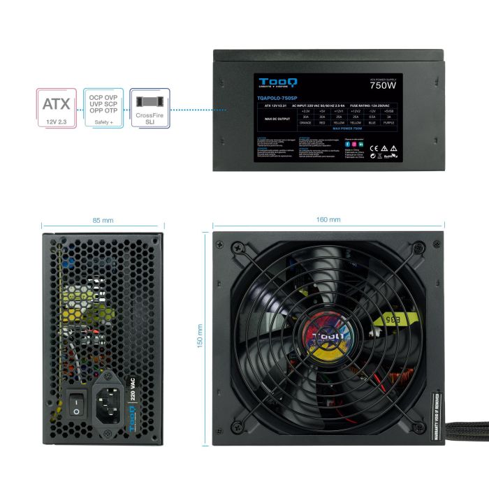 Tooq TQAPOLO-750SP Fuente de Alimentación ATX 12V V2.3 750W PFC Activo Ventilador 140mm silencioso para PC Gaming Crossfire SLI 3 Tooq TQAPOLO-750SP Fuente de Alimentación ATX 12V V2.3 750W PFC Activo Ventilador 140mm silencioso para PC Gaming Crossfire SLI 3