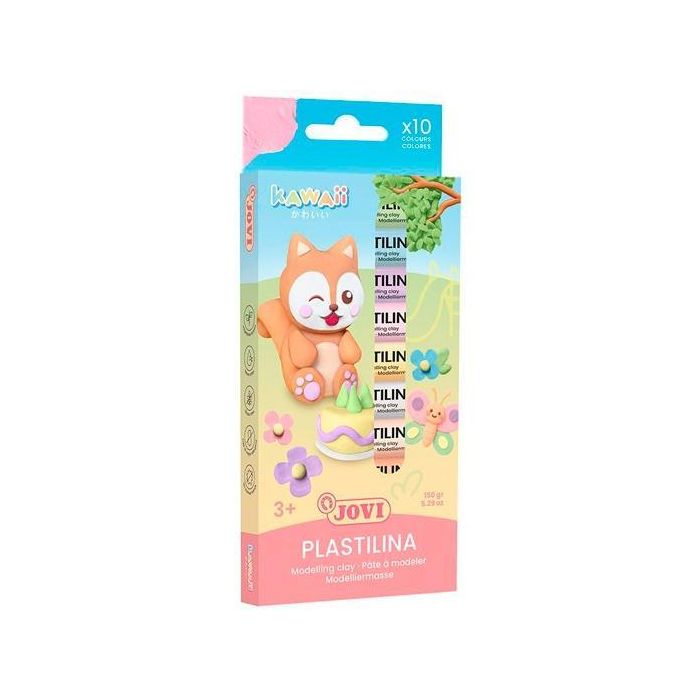 Jovi Plastilina Kawaii Barras 15 gr Estuche Surtido 10 Unidades, pasta de modelar base vegetal, sin gluten, no endurece