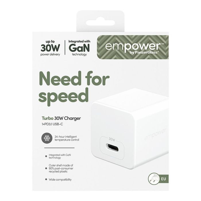 PanzerGlass Cargador Turbo 30W GaN, USB-C 1 Puerto, Carga Rápida, Color Blanco, Enchufe EU 1 PanzerGlass Cargador Turbo 30W GaN, USB-C 1 Puerto, Carga Rápida, Color Blanco, Enchufe EU 1