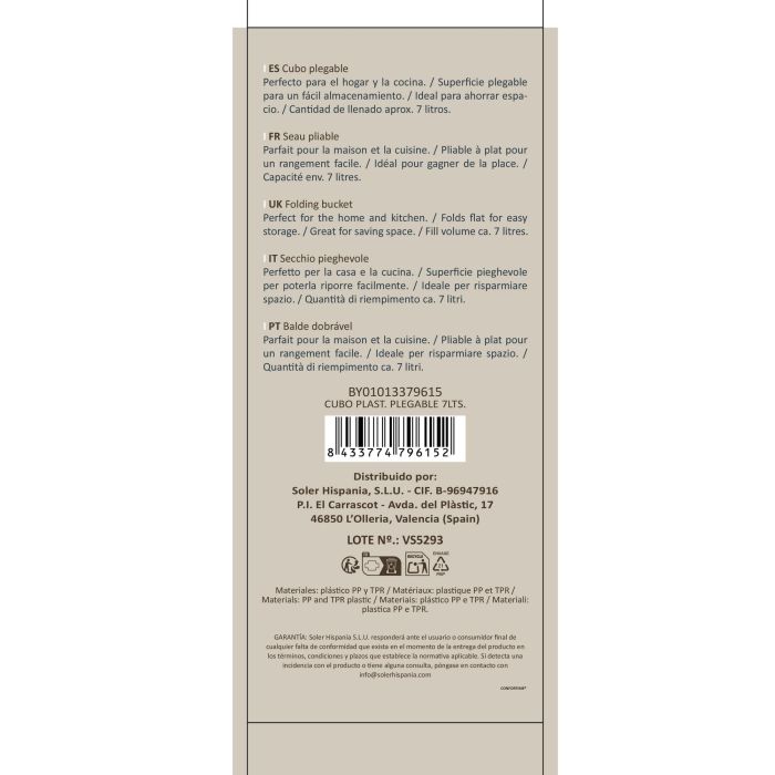 Inde Cubo Plegable 7 Litros, Cubo de Plástico con Asas, 27 x 27 x 23.5 cm, Capacidad 7L, Color Gris (12 Unidades)