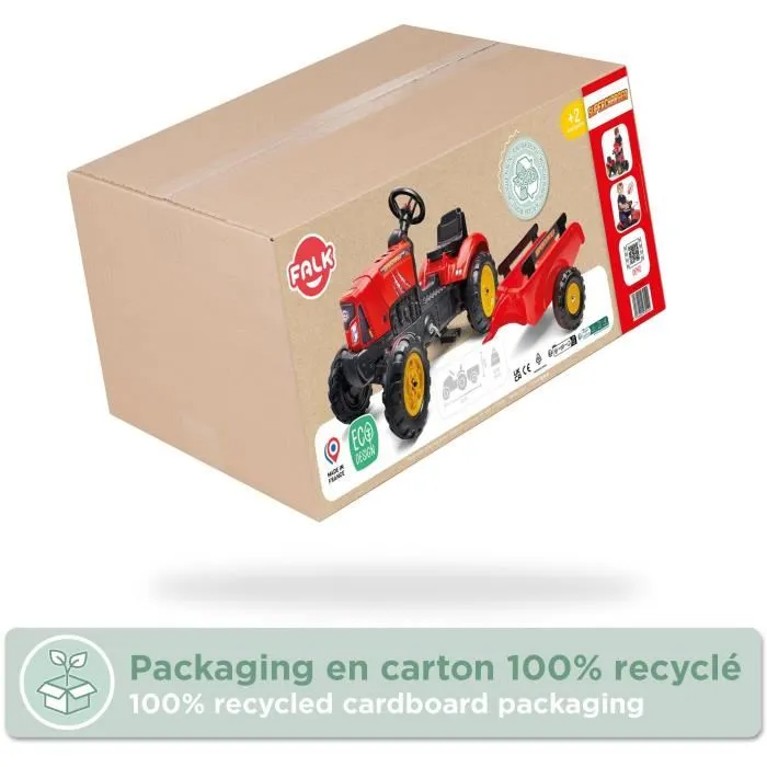 Falk Tractor de pedal Supercharger rojo 2-5 años con capó de apertura y remolque incluido 5