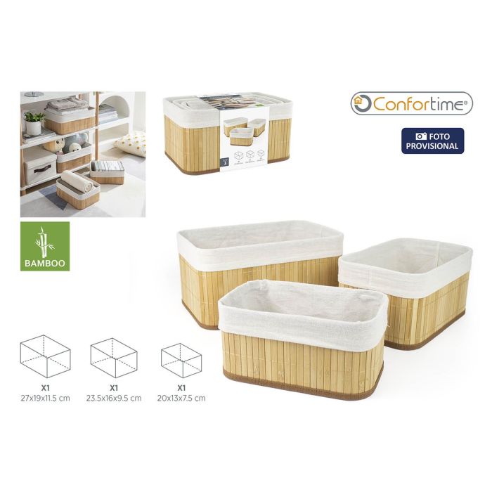 Confortime Set de 3 Cestas de Ordenación de Bambú Natural – Cesta Grande de 27x19x11.5 cm (8 Unidades)
