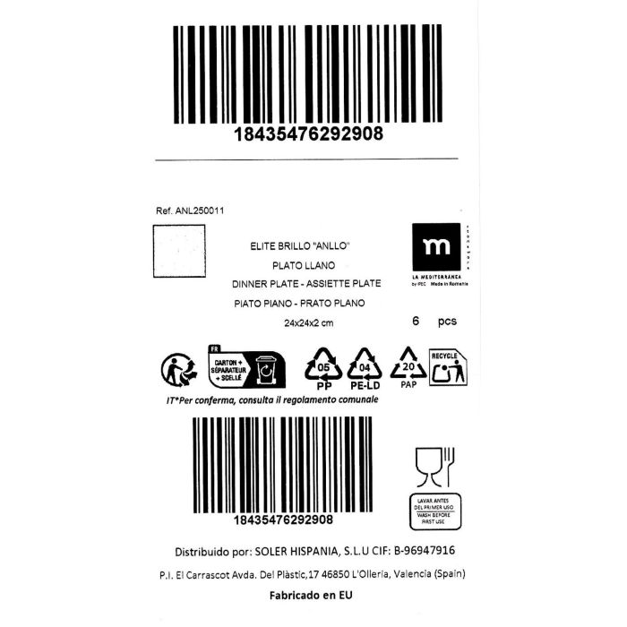 La Mediterranea Plato Llano 24 x 24 cm Elite Brillo (6 Unidades) La Mediterranea Plato Llano 24 x 24 cm Elite Brillo (6 Unidades)