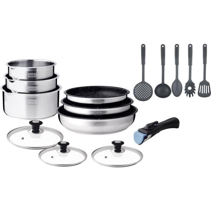 Batería de cocina de inducción - Arthur Martin - AM1275 - Acero inoxidable - 15 piezas - Mango extraíble - Todas las placas de cocción, incluida inducción Batería de cocina de inducción - Arthur Martin - AM1275 - Acero inoxidable - 15 piezas - Mango extraíble - Todas las placas de cocción, incluida inducción
