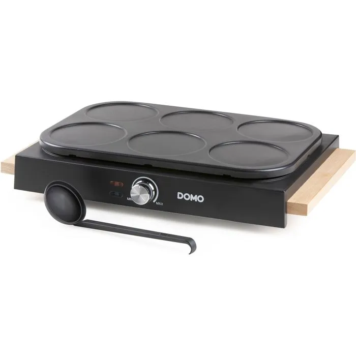 Domo DO8717P Crepera, 1000 W, Prepara 6 Crepes de 11.5 cm, Termostato Regulable, Color Negro con Madera