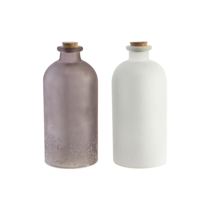 DKD Home Decor Decoración Luminosa Navidad Moderna, Bote de Cristal con LED, Blanco Marrón, 11x11x25 cm, Pack de 2, Funciona con Pilas AA