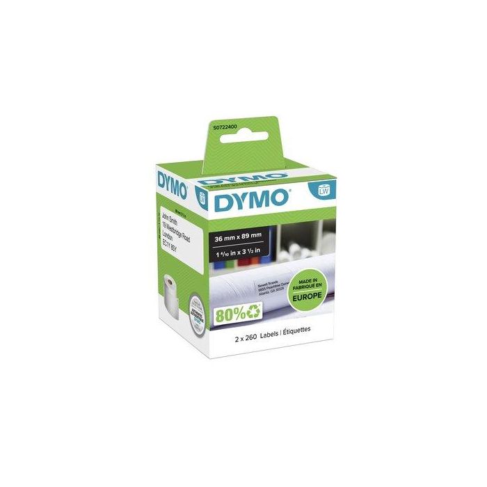 Dymo 99012 Etiquetas de Transferencia Térmica, Negro sobre Blanco 36x89 mm, 2 Rollos de 260 Unidades