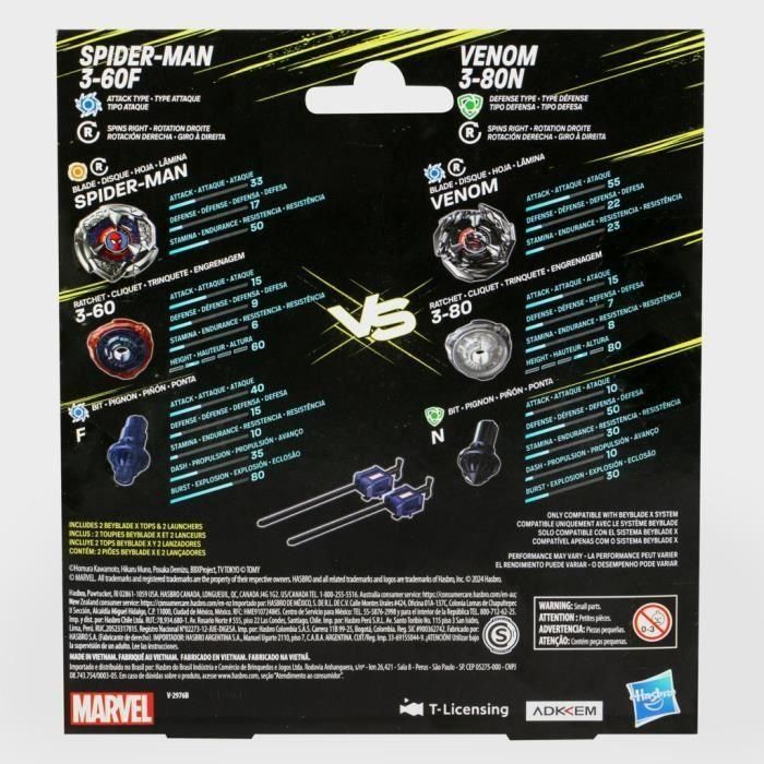 Beyblade X Marvel Collab Spider-Man 3-60F vs. Venom 3-80N, paquete múltiple 3