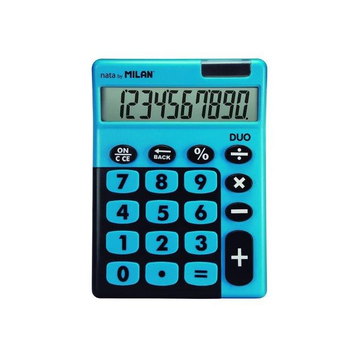 Milán Calculadora Duo 10 dígitos azul teclas grandes, solar y pila, apagado automático, 14.5x10.6x2.1cm, escuela/oficina