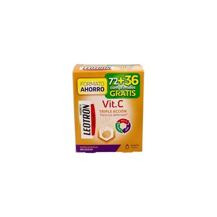 Leotron Vitamina C Triple Acción Comp. Efervescentes Naranja Inmune, Antioxidante, Energía - 54 u (72+36 Regalo)