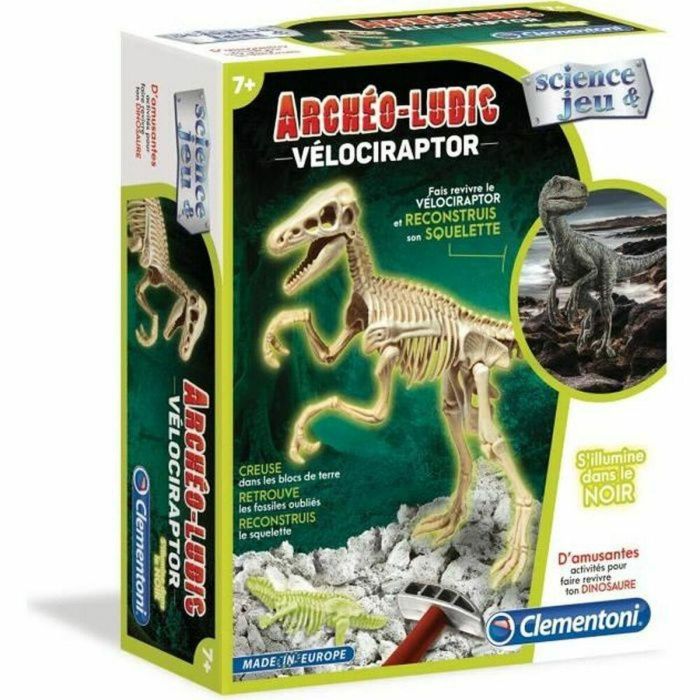 Clementoni Juego Científico Science & Game Archéo Ludic Kit de Excavación Dinosaurio Velociraptor Esqueleto Brilla en la Oscuridad