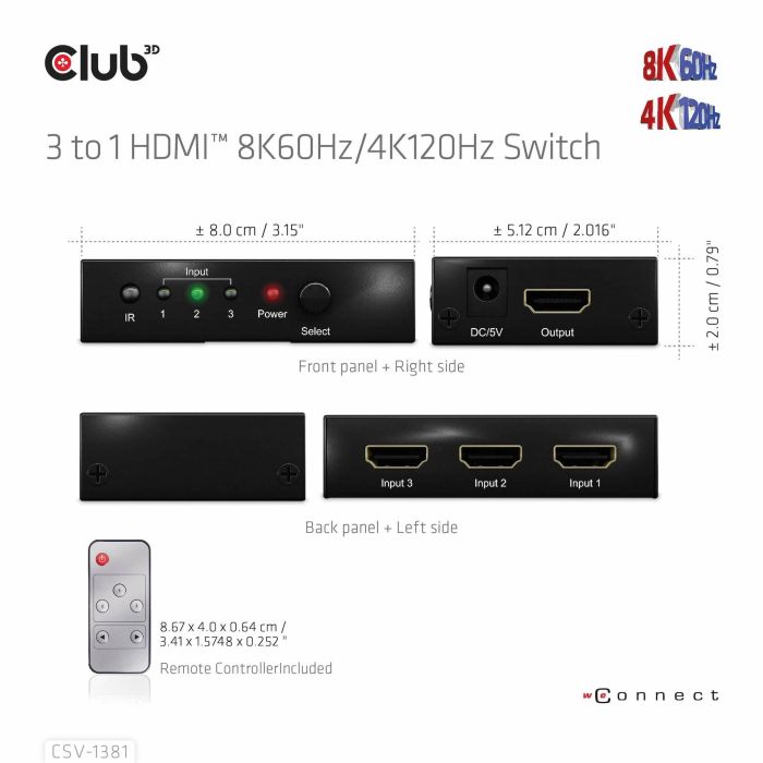 Club3D Switchbox HDMI 3 Entradas a 1 Salida 8K60Hz UHD 15 Club3D Switchbox HDMI 3 Entradas a 1 Salida 8K60Hz UHD 15