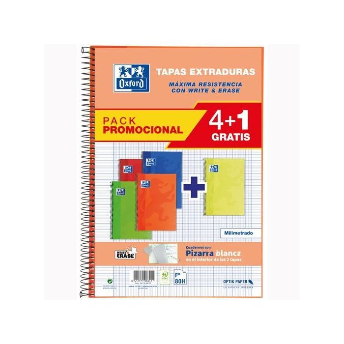 Oxford Cuaderno Espiral Write&Erase 80H Folio Milimetrado C-Margen T-Extradura Pack 4+1 C-Surtidos Vivos Oxford Cuaderno Espiral Write&Erase 80H Folio Milimetrado C-Margen T-Extradura Pack 4+1 C-Surtidos Vivos