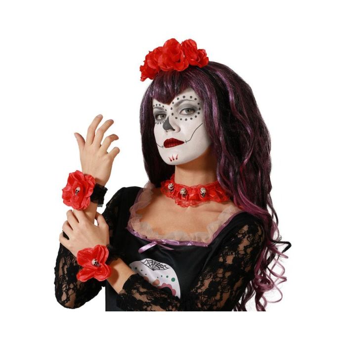 Kit Accesorios Catrina con Tocado Rosas Rojas, Choker y Pulseras Calaveras para Halloween/Días de Muertos 0 Kit Accesorios Catrina con Tocado Rosas Rojas, Choker y Pulseras Calaveras para Halloween/Días de Muertos 0