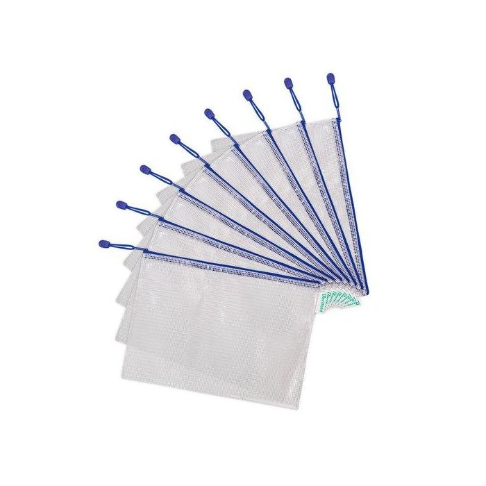 Djois Bolsa Multiusos PVC DIN A4 Transparente con Cremallera Azul, Impermeable, Portabolígrafos y Correa, Apertura Superior