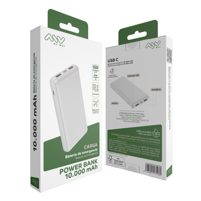Myway power bank 10.000 mAh USB 2 puertos 2A + cable tipo C blanca 1
