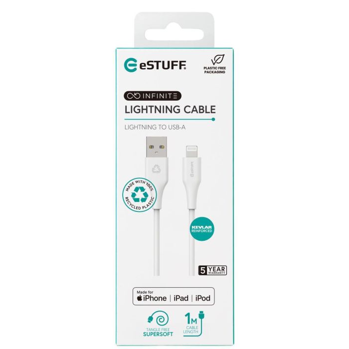 eSTUFF Cable Lightning INFINITE 1m Súper Suave, 100% Plástico Reciclado, Libre de PVC, Certificado MFi, Durabilidad Extrema 3