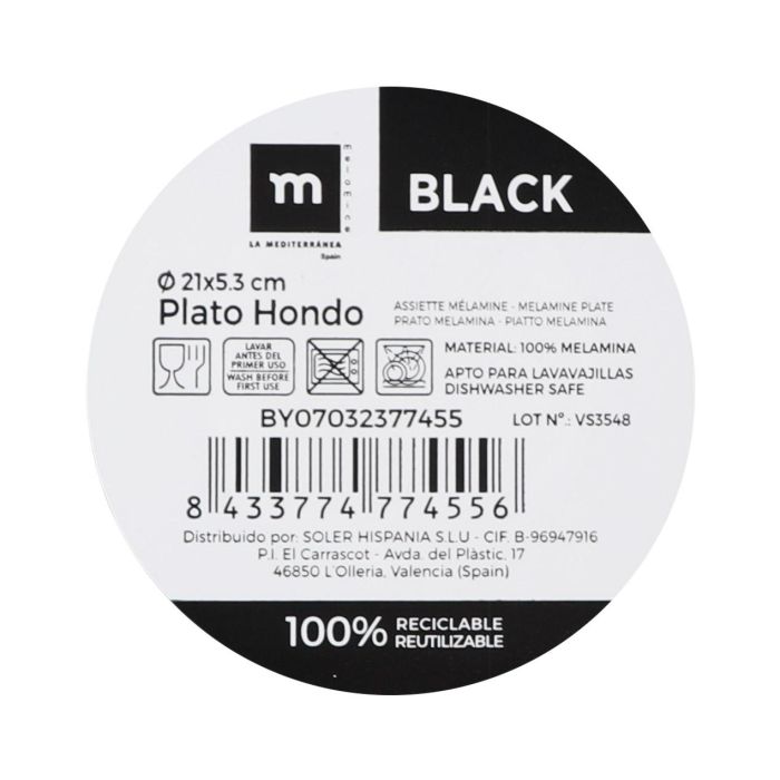 Plato Hondo Melamine Black 21x5.3 cm La Mediterranea (24 Unidades) 1 Plato Hondo Melamine Black 21x5.3 cm La Mediterranea (24 Unidades) 1