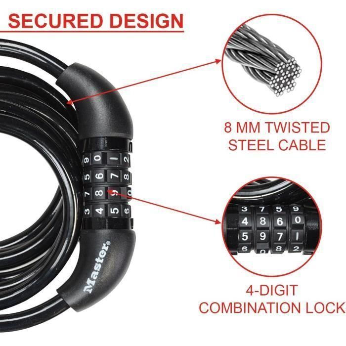 Candado para bicicleta - MASTER LOCK - 8221EURDPRO - Cable trenzado 1,8m - Combinación programable 2