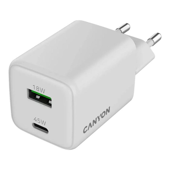 Canyon CU45AC Cargador GaN 45W con 1 Puerto USB-C PD y 1 Puerto USB-A QC, Enchufe UE, Blanco 3 Canyon CU45AC Cargador GaN 45W con 1 Puerto USB-C PD y 1 Puerto USB-A QC, Enchufe UE, Blanco 3