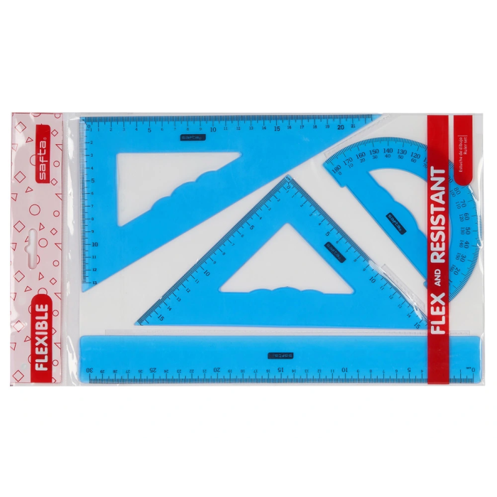 Safta Juego de Reglas Flexible Escuadra Cartabón con 3 Colores