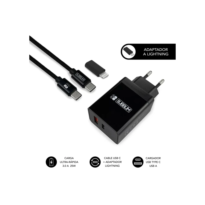 SUBBLIM CARGADOR ULTRA RAPIDO 2xUSB DE PARED PD25W+QC3.0+Cable C to C y lightning Negro