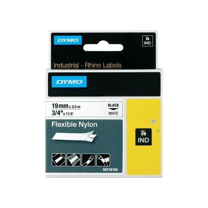 Dymo S0718120 Cinta de Etiquetas Industrial Adhesiva ID1-19 Negro sobre Blanco 19mm x 3.5m Nylon Flexible
