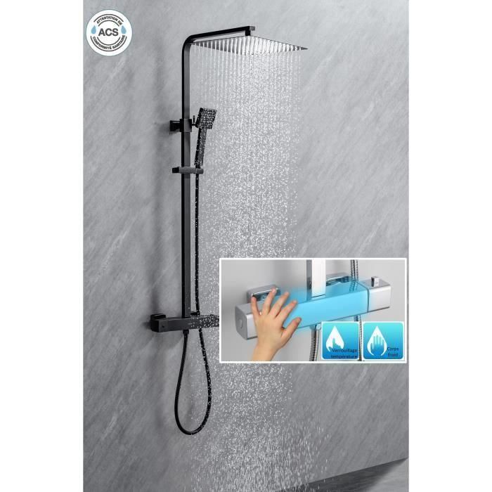 Columna de ducha OCEANIC - Mezclador termostático de cuerpo frío - Rociador alto cuadrado 30x30 cm - Negro mate 1 Columna de ducha OCEANIC - Mezclador termostático de cuerpo frío - Rociador alto cuadrado 30x30 cm - Negro mate 1