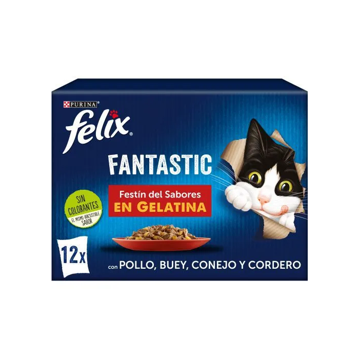 Purina Felix Fantastic Festín de Carnes - Comida húmeda para gato - 12 sobres de 85g