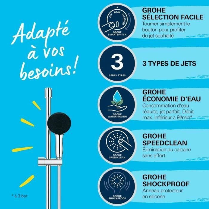Grohe 26956001 Set de Ducha Vitalio Start 110 con Rociador 3 Chorros, Barra 90 cm, Flexo y Ahorro de Agua Cromado 2