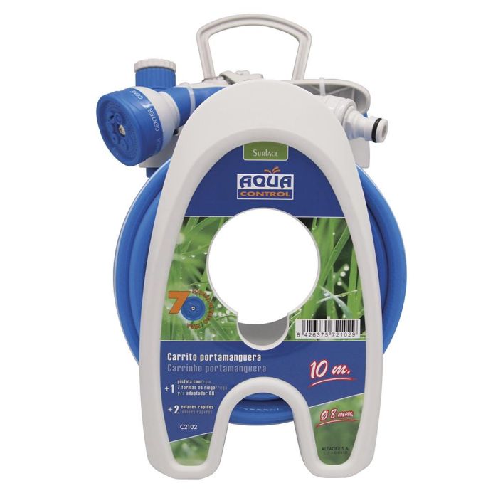 Aqua Control Carrito Portamanguera Especial Terrazas 10m PVC con Pistola 7 Formas Riego, 2 Conectores y Adaptador