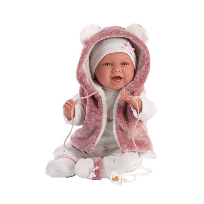Muñeca recien nacida mimi sonrisas con chaqueta fucsia de pelo y chupete 40 cm cuerpo tela 3 Muñeca recien nacida mimi sonrisas con chaqueta fucsia de pelo y chupete 40 cm cuerpo tela 3
